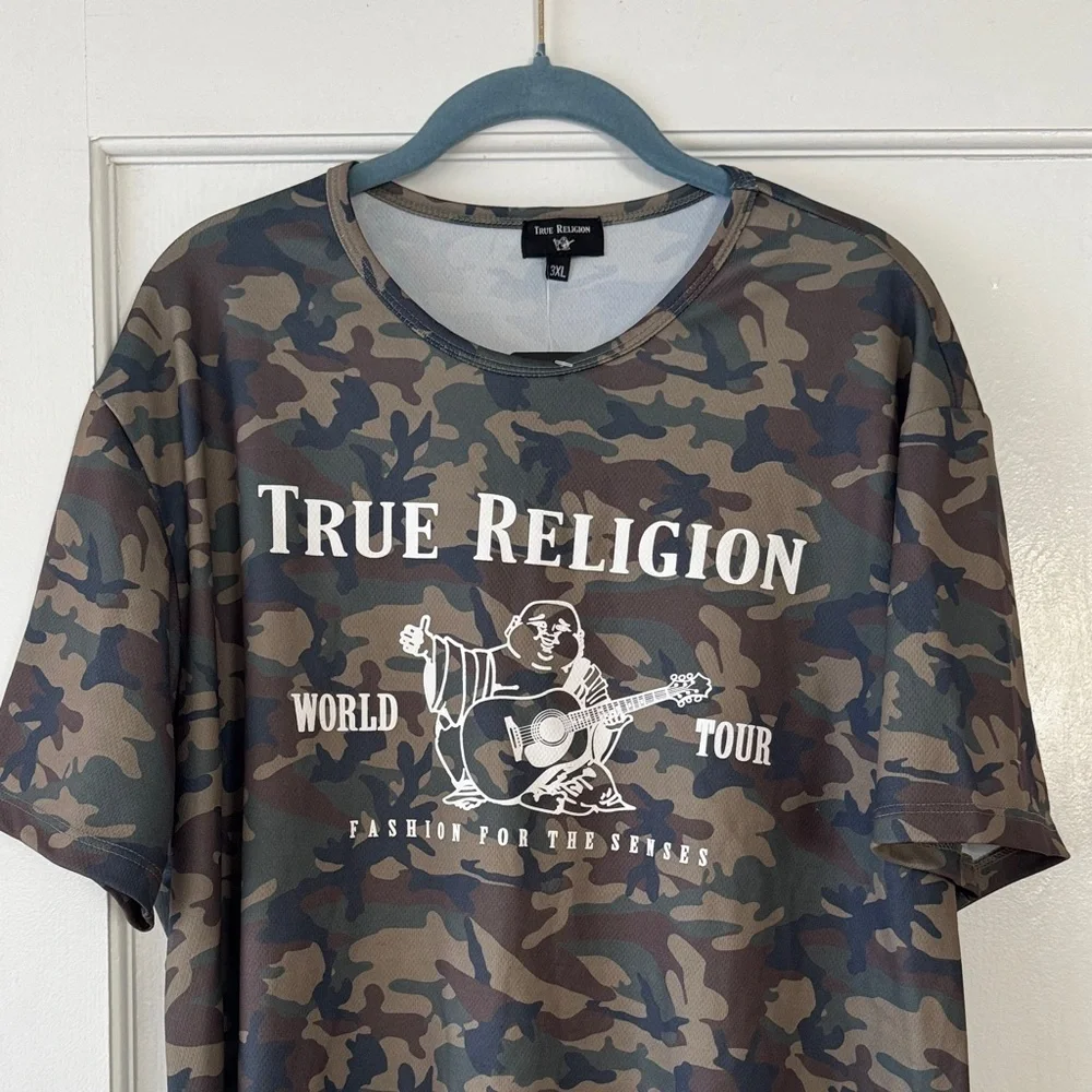 True Religion Men's Green Camouflage Graphic Tee Size XXXL street wear, y2k